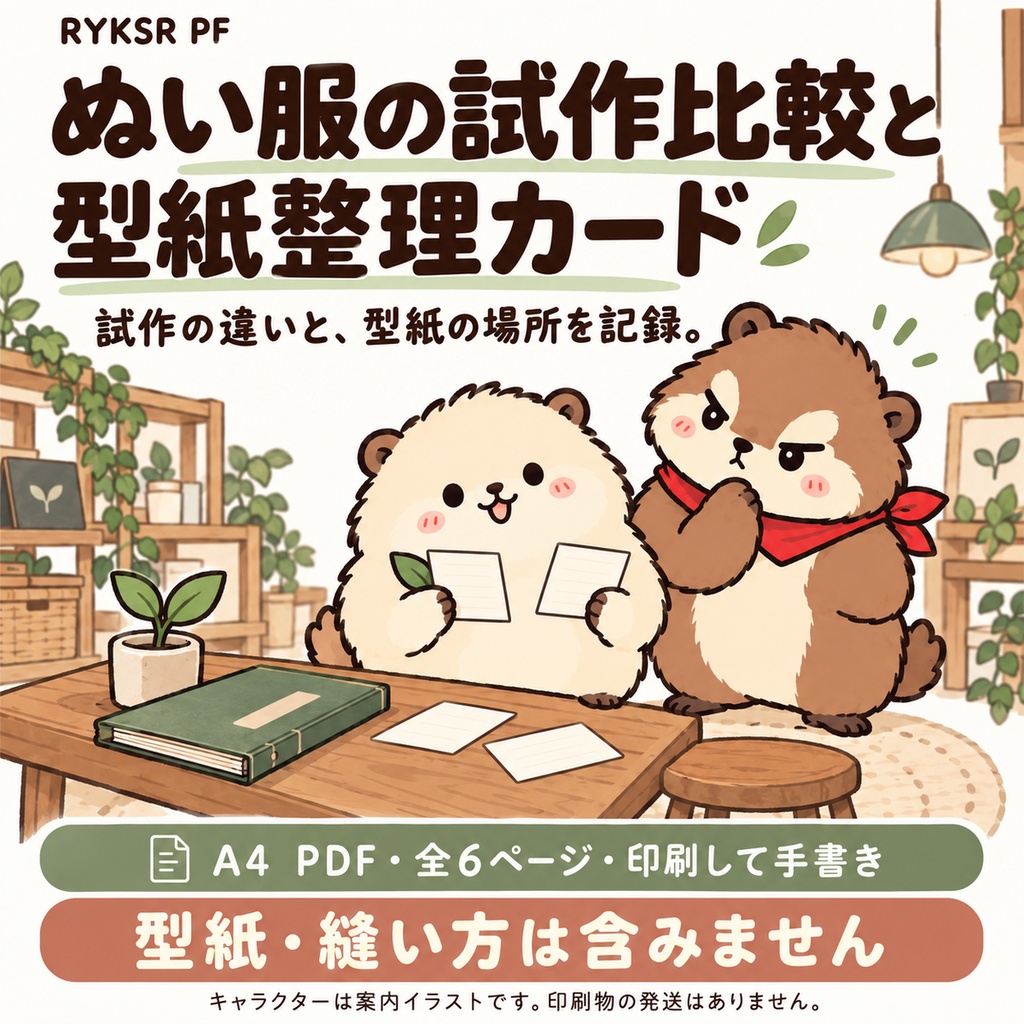 【A4 PDF】ぬい服の試作比較と型紙整理カード｜印刷・手書き用