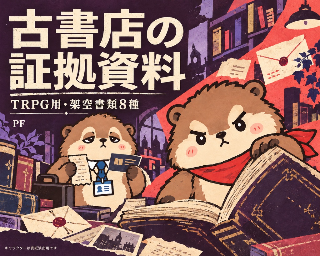 【TRPG素材】古書店の証拠資料｜薄灯古書房の紙もの8種｜PNG・編集SVG・印刷PDF