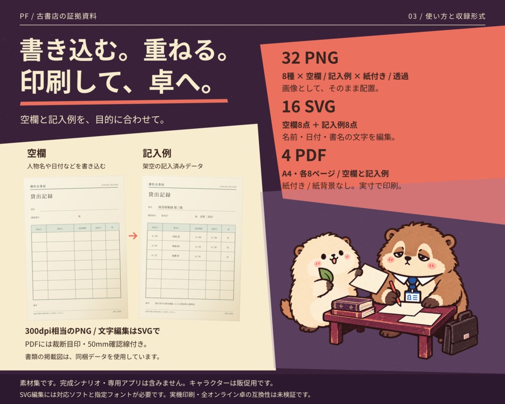【TRPG素材】古書店の証拠資料|薄灯古書房の紙もの8種|PNG・編集SVG・印刷PDF