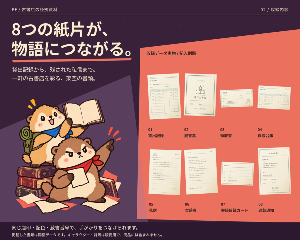 【TRPG素材】古書店の証拠資料|薄灯古書房の紙もの8種|PNG・編集SVG・印刷PDF
