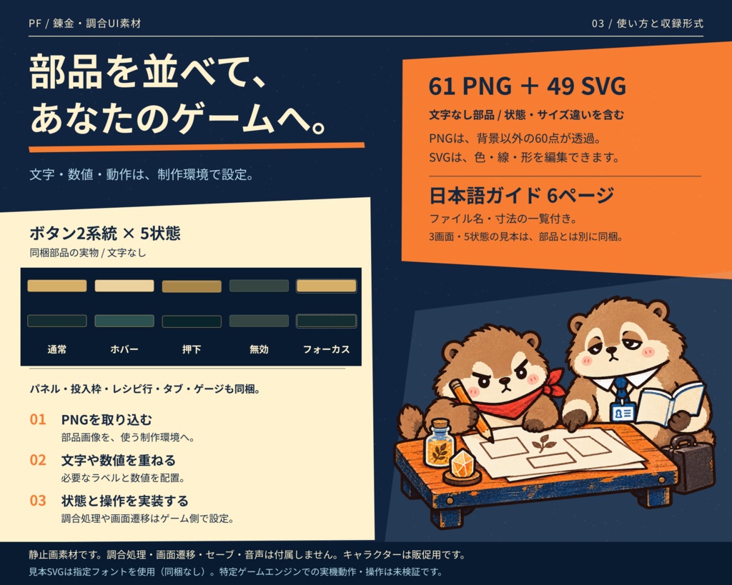錬金・調合ゲーム用 3画面UI素材セット|透過PNG・編集用SVG