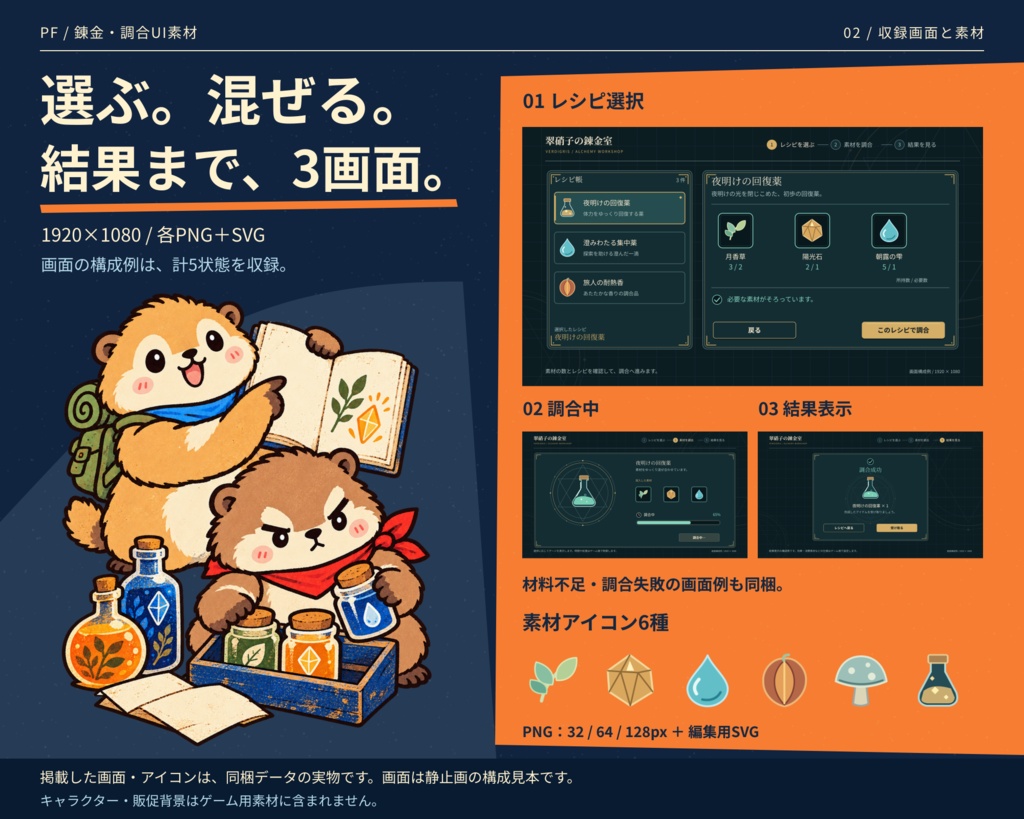 錬金・調合ゲーム用 3画面UI素材セット|透過PNG・編集用SVG