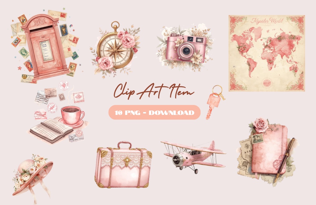 🌸【ピンク旅行シリーズ】水彩アンティーク風クリップアート10点セット｜PN