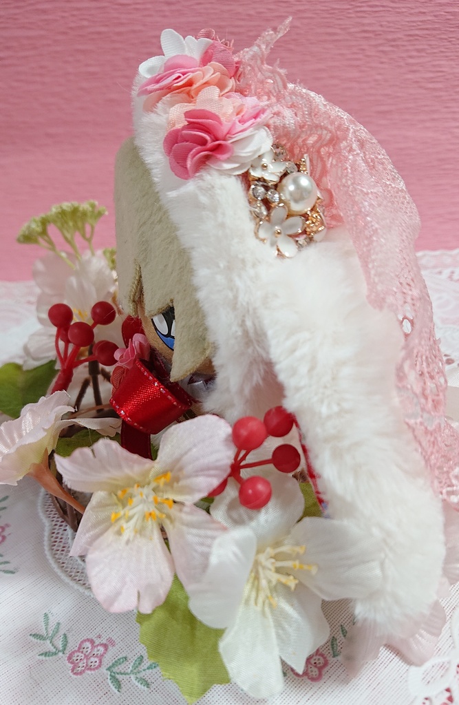 ぬいぐるみ用 花冠と苺のうさぎの花嫁着ぐるみ ぬい服 チェック/(赤)