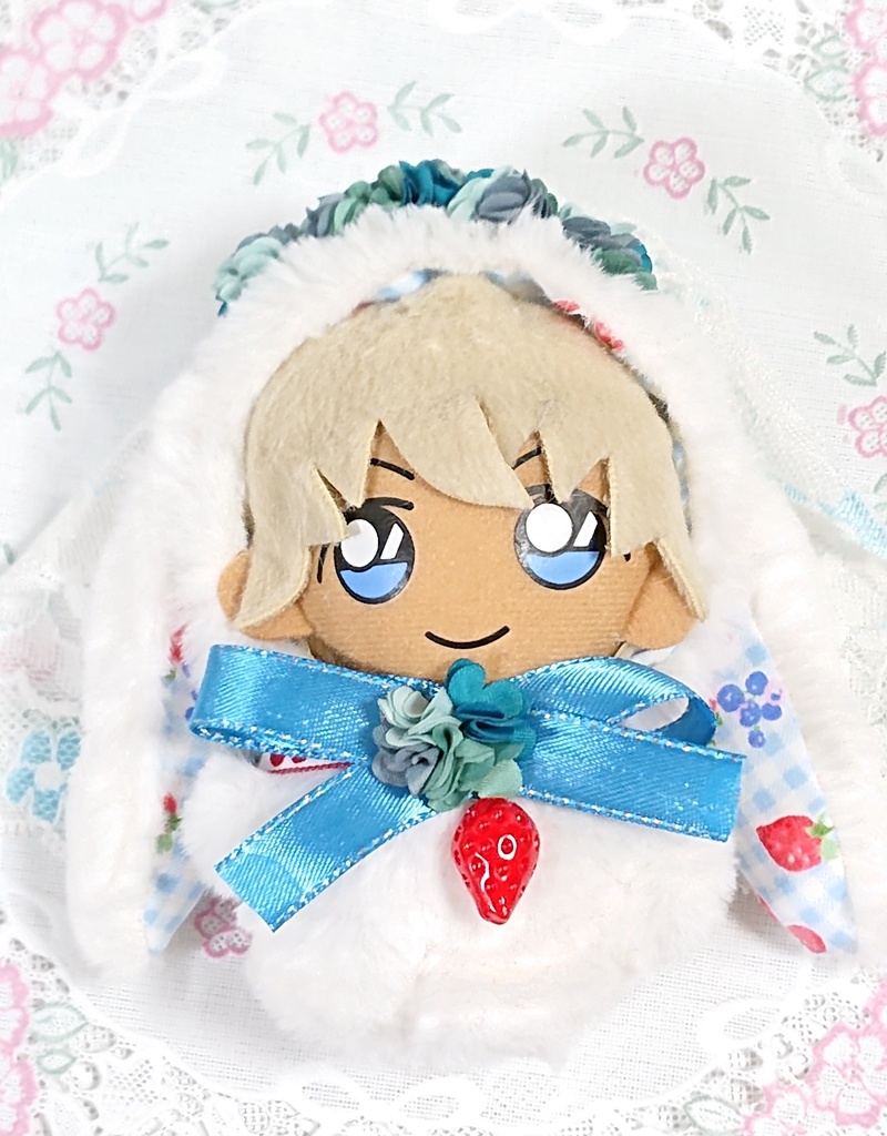 ぬいぐるみ用 花冠と苺のうさぎの花嫁着ぐるみ ぬい服 チェック/(青)