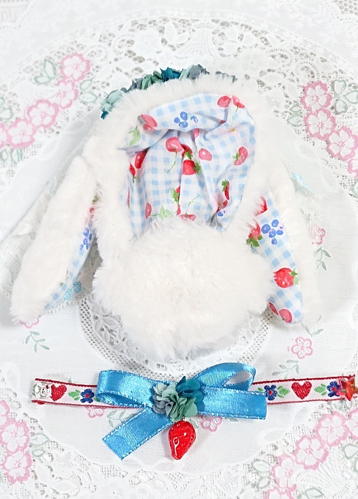 ぬいぐるみ用 花冠と苺のうさぎの花嫁着ぐるみ ぬい服 チェック/(青)