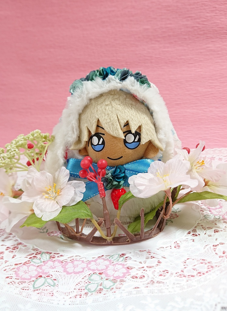ぬいぐるみ用 花冠と苺のうさぎの花嫁着ぐるみ ぬい服 チェック/(青)