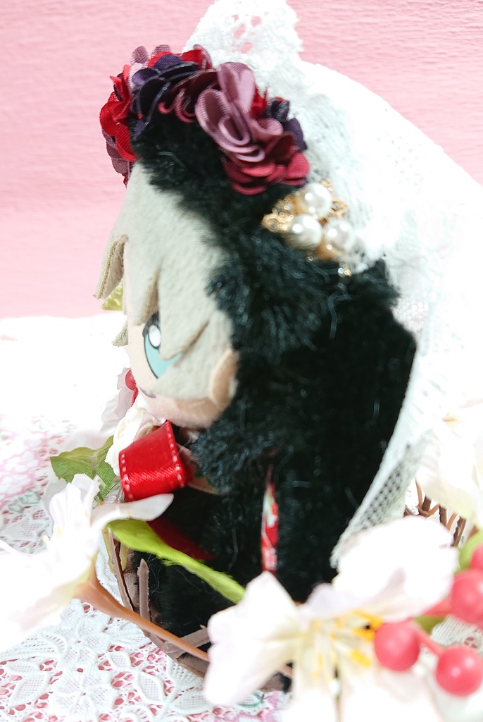 ぬいぐるみ用 花冠と苺のうさぎの花嫁着ぐるみ ぬい服 ブラック