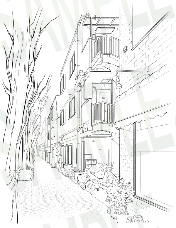 背景線画セット「街並み・住宅街」