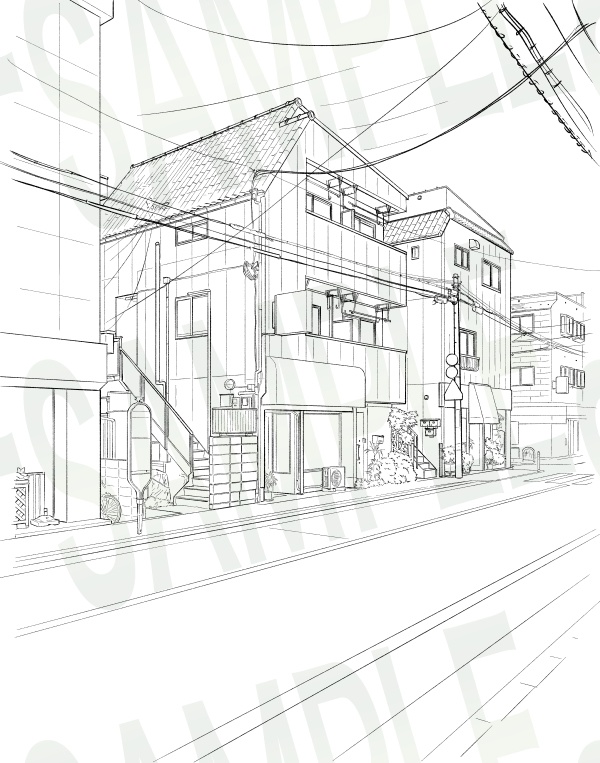 背景線画セット「街並み・住宅街」