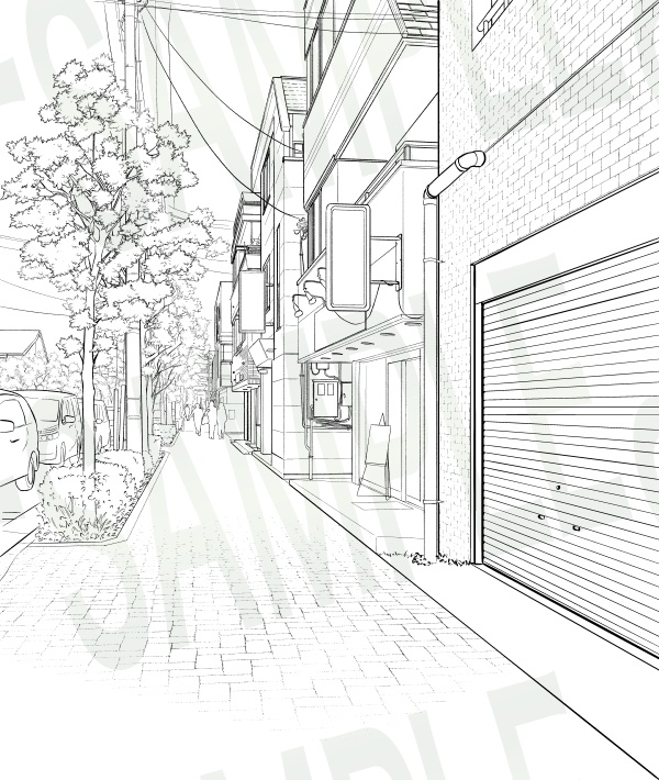 背景線画セット「街並み・住宅街」