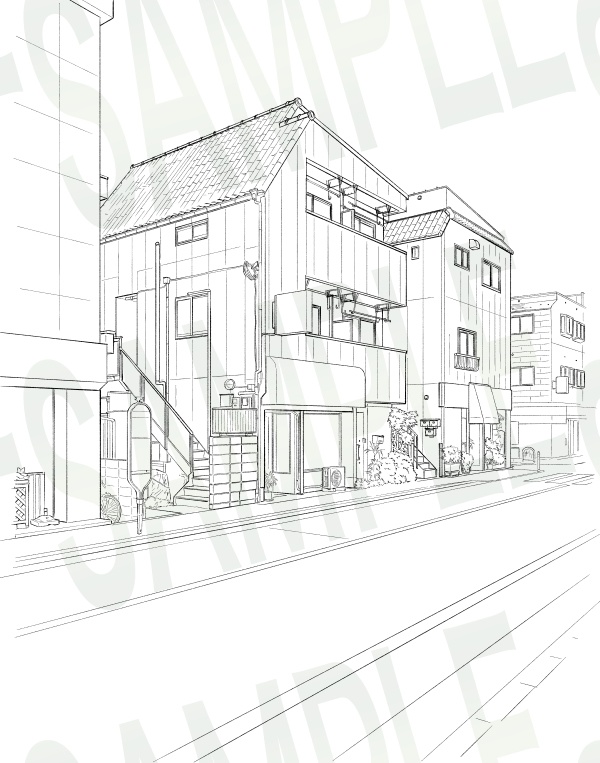 背景線画セット「街並み・住宅街」