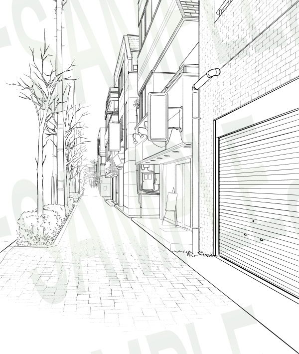 背景線画セット「街並み・住宅街」