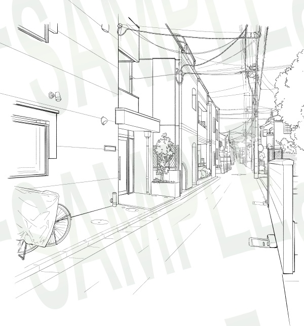 背景線画セット「街並み・住宅街」