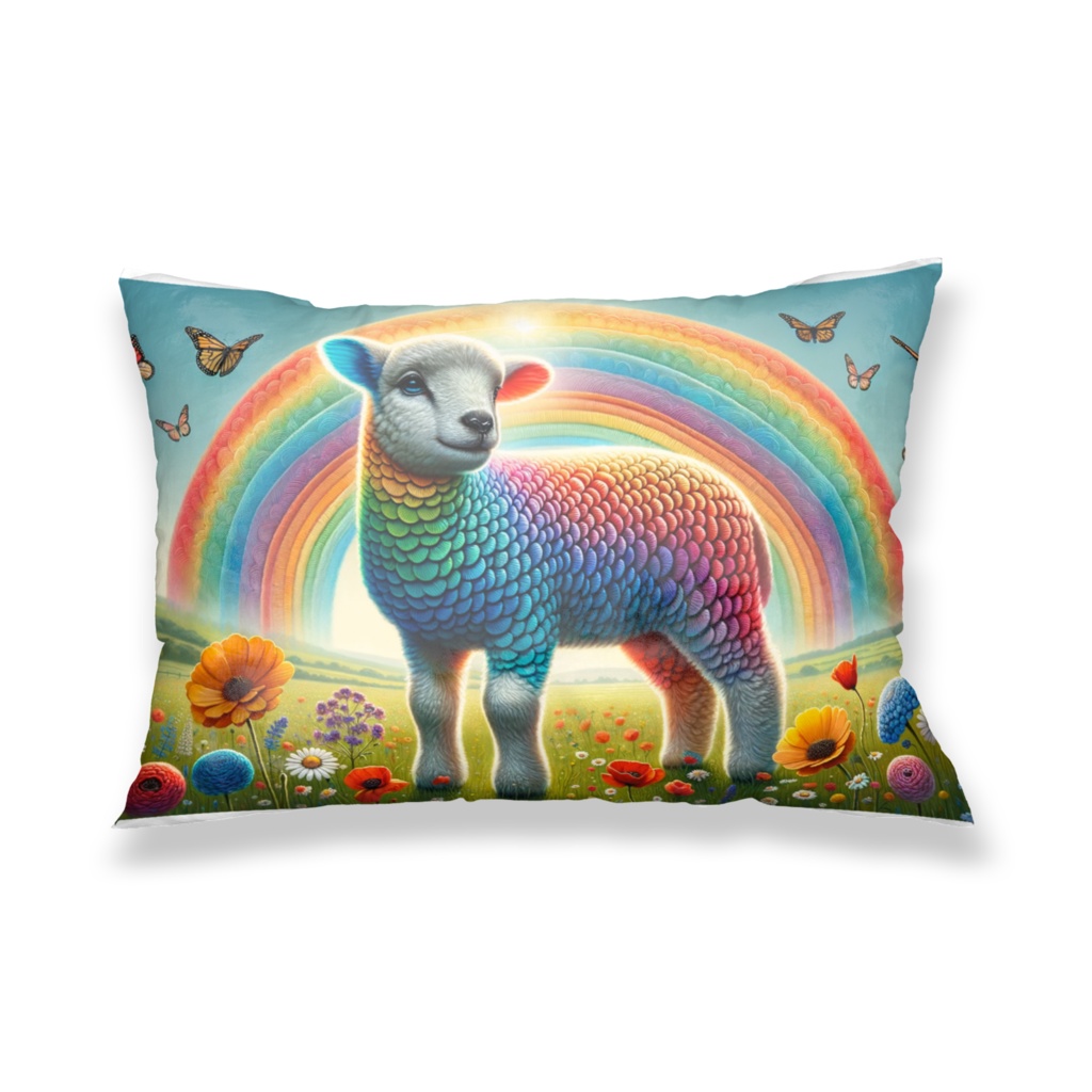 " Rainbow and Colorful Sheep " pillowcase 43x63cm, one or both sides printed　　　( 「  レインボーとカラフルな羊  」 枕カバー　43x63cm　片面　または、両面プリント )