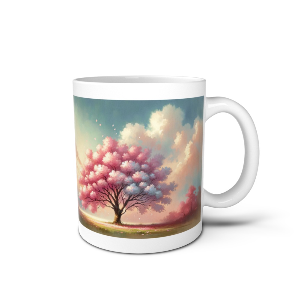 " A single cherry tree blooming in the meadow " Mug Cup right-handed or left-handed　　( 「草原の一本桜」 マグカップ 右利き用、左利き用 )