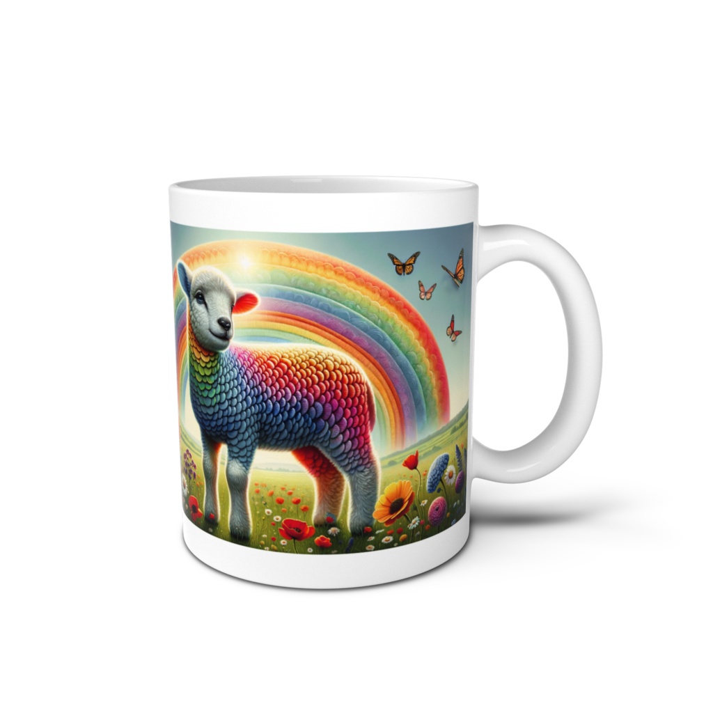" Rainbow and Colorful Sheep " Mug Cup right-handed or left-handed　　( 「 レインボーとカラフルな羊 」 マグカップ 右利き用、左利き用 )