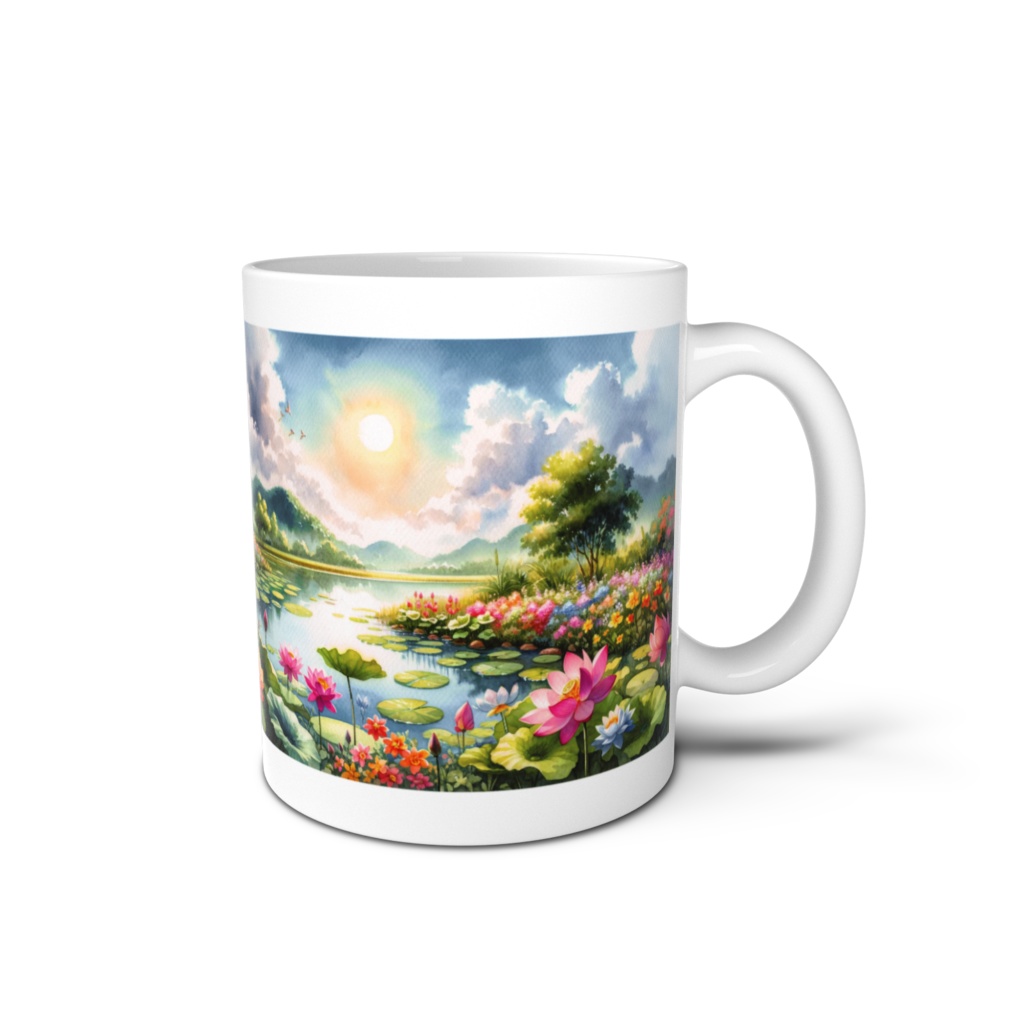 " Spring scenery with lotus flowers (2) "  Mug Cup right-handed or left-handed　　( 「 蓮の花が咲く春の風景（2）」　マグカップ 右利き用、左利き用 )