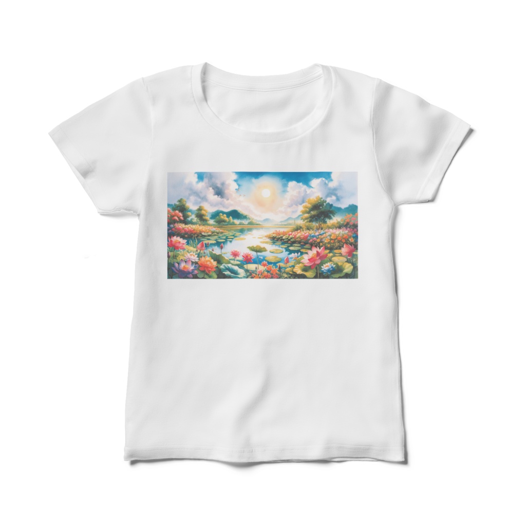 " Spring scenery with lotus flowers (2) "  Women's T-shirts sizes M, L　 ( 「 蓮の花が咲く春の風景（2）」　女性用Tシャツ　M、Lサイズ )