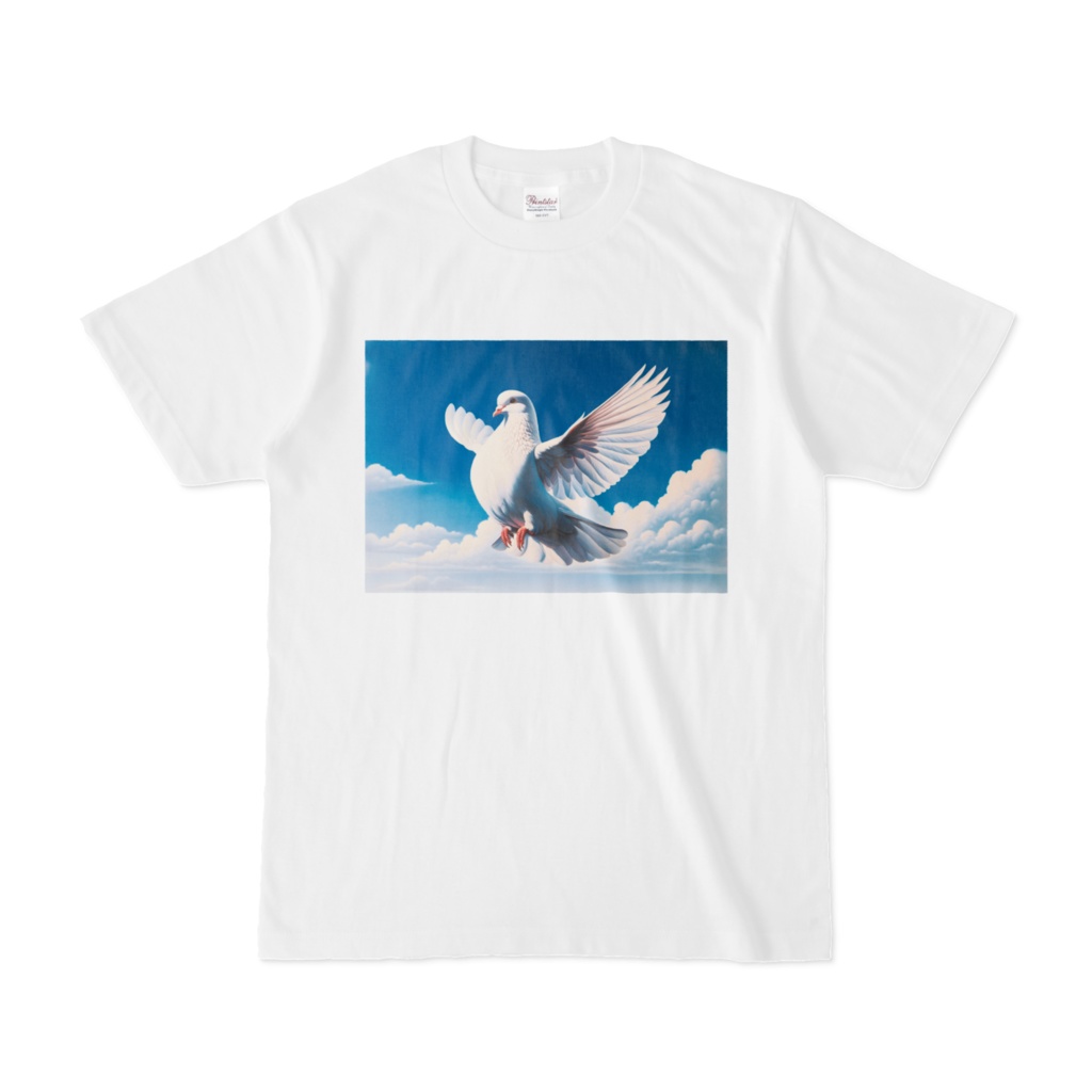 " Flying White Doves (1) " White T-Shirt S, M, L, XL sizes　　（ 「 空を飛ぶ白色のハト (1) 」 白Tシャツ　S、M、L、XLサイズ )