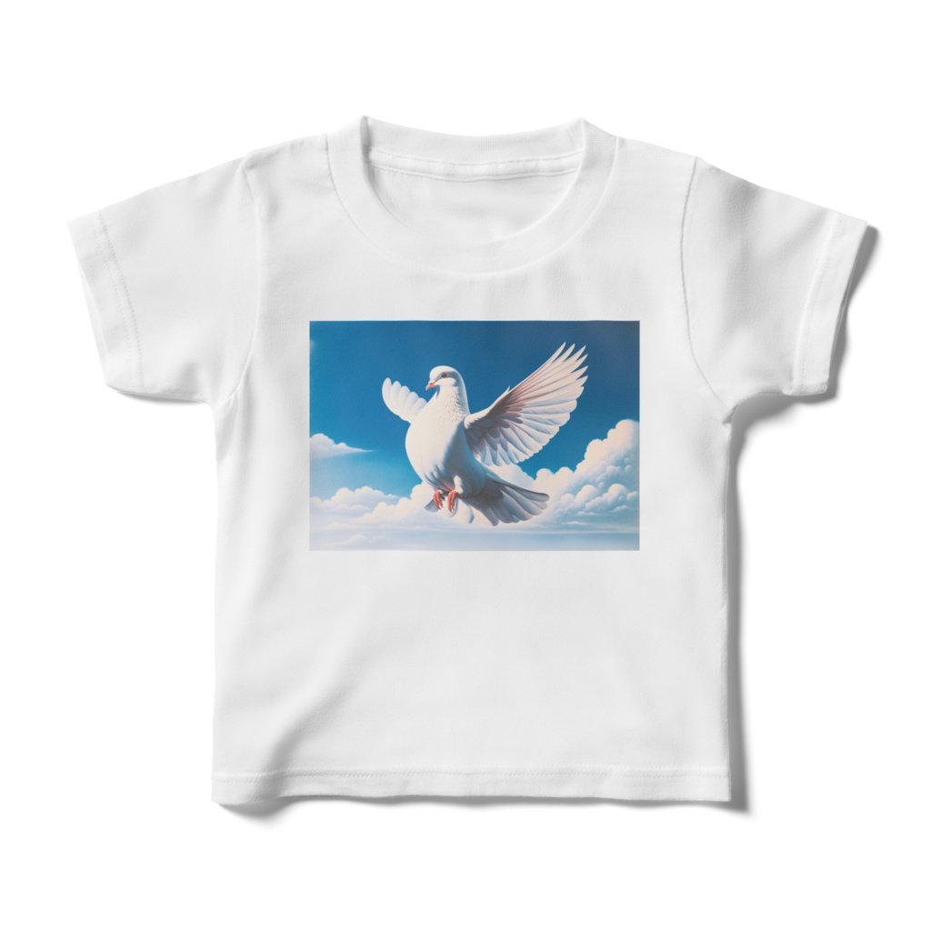" Flying White Doves (1) " T-shirts for kids sizes: 100-160 cm　（ 「空を飛ぶ白色のハト (1) 」 キッズ用Tシャツ　サイズ: 100-160 cm ）