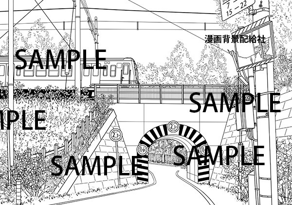 漫画背景素材「トンネルと道路と電車」
