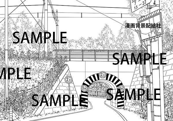 漫画背景素材「トンネルと道路と電車」