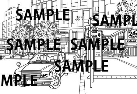 漫画背景素材「駅前タクシー乗り場」