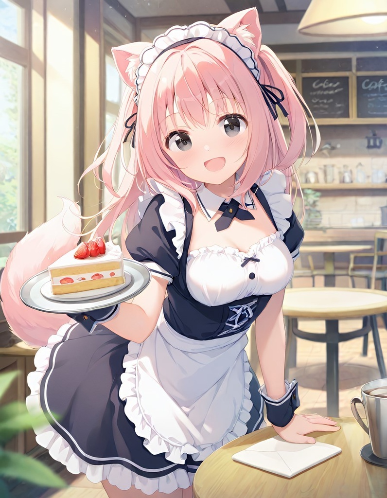 喫茶店で働くメイド服のケモ耳娘