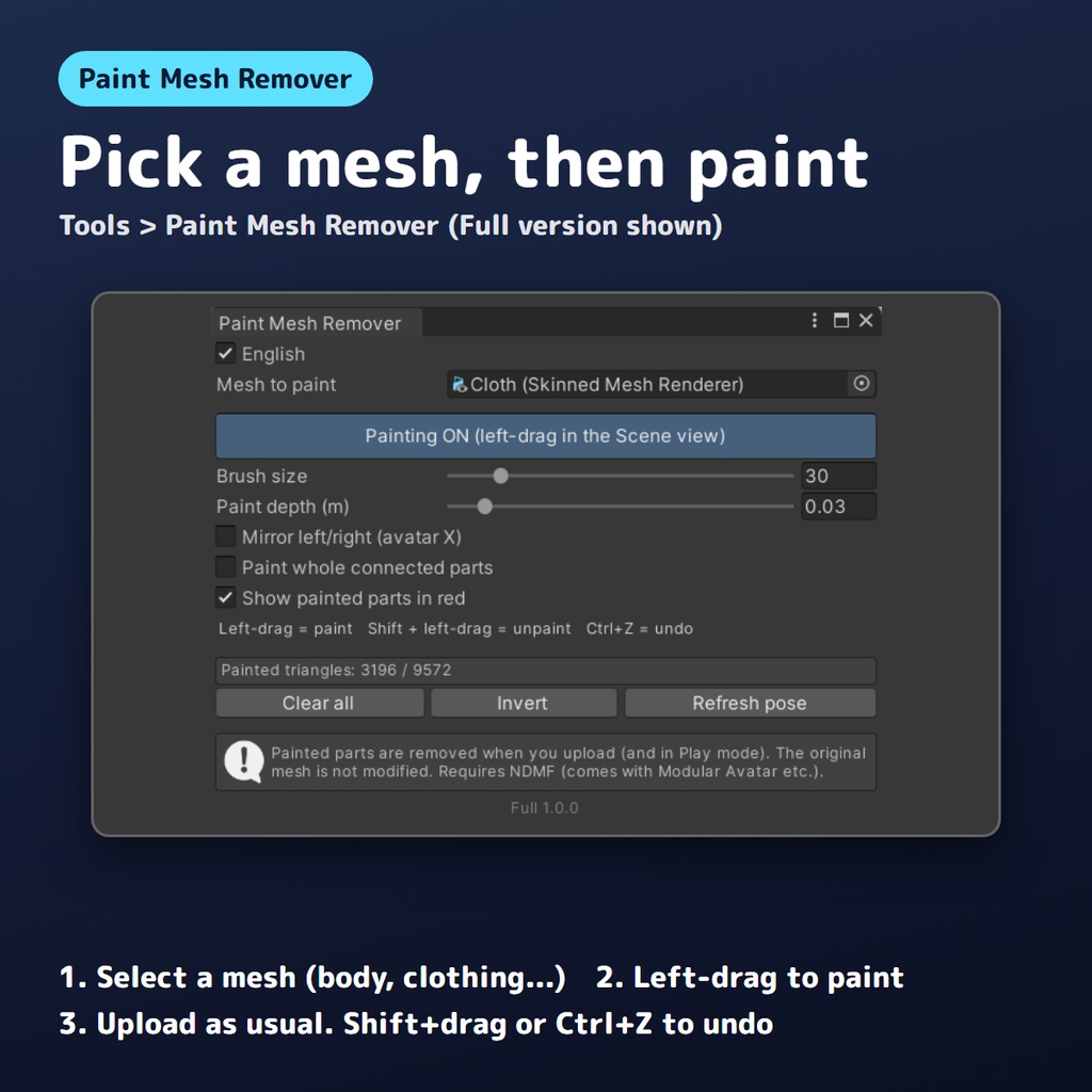 【無料お試し版あり】メッシュを塗って消すやつ Paint Mesh Remover【VRChat/Unity/NDMF】B