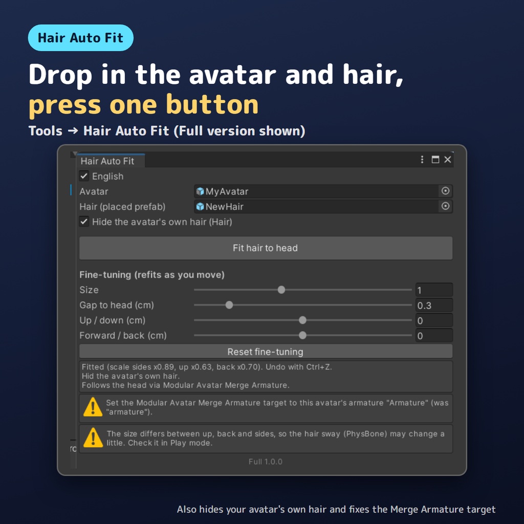 【無料お試し版あり】髪を頭に自動で合わせるやつ Hair Auto Fit【VRChat/Unity】