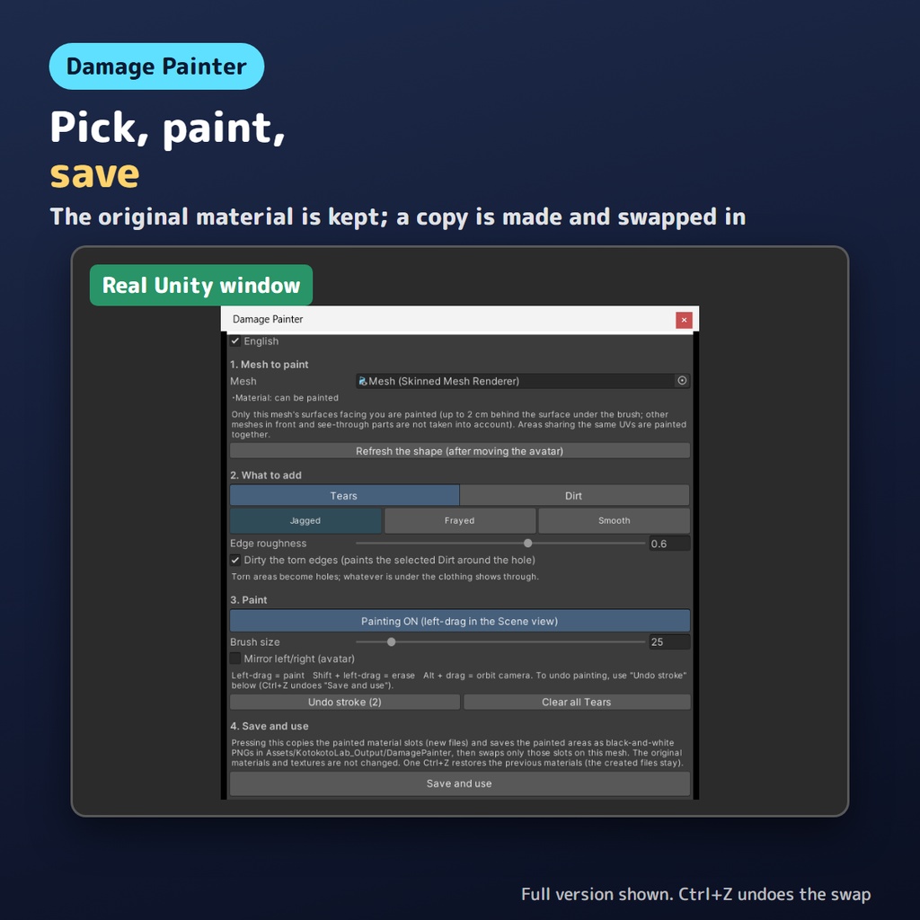 【無料お試し版あり】服に破れ・汚れを塗るやつ Damage Painter 塗った所だけ穴とすす・汚れ【VRChat/Unity/lilToon】