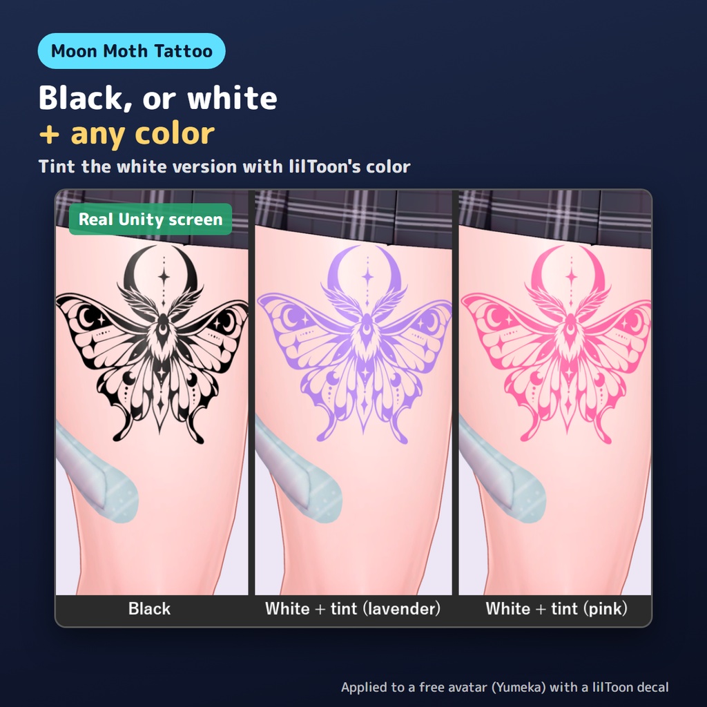 【全身に貼れる】三日月と蛾のタトゥー Moon Moth Tattoo【4K・透過PNG・lilToon デカール・VRChat】