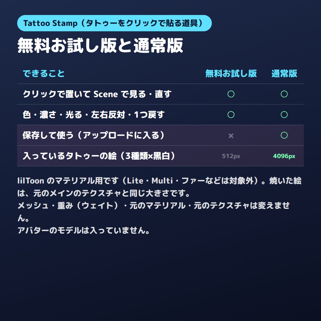 【無料お試し版あり】タトゥーをクリックで貼るやつ Tattoo Stamp UVの切れ目もつながる・光る【VRChat/Unity/lilToon】