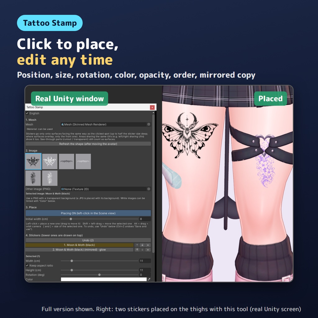 【無料お試し版あり】タトゥーをクリックで貼るやつ Tattoo Stamp UVの切れ目もつながる・光る【VRChat/Unity/lilToon】