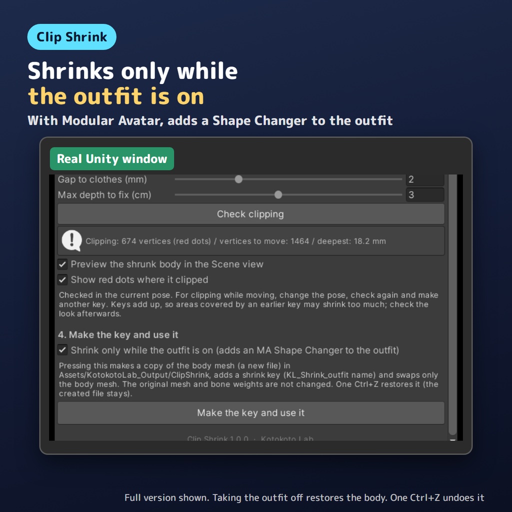 【無料お試し版あり】服のめり込みを直すやつ Clip Shrink はみ出た所だけ体を縮めるキーを作る【VRChat/Unity/MA】