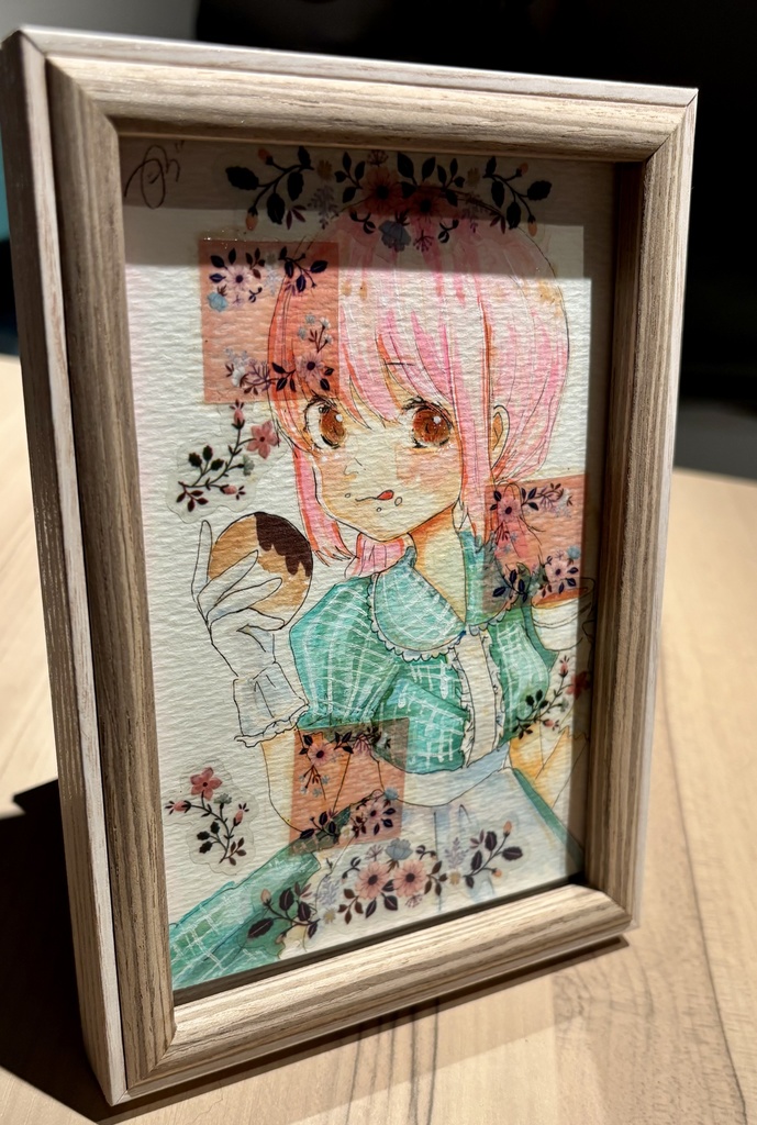 ピンク髪のドーナッツ少女水彩原画