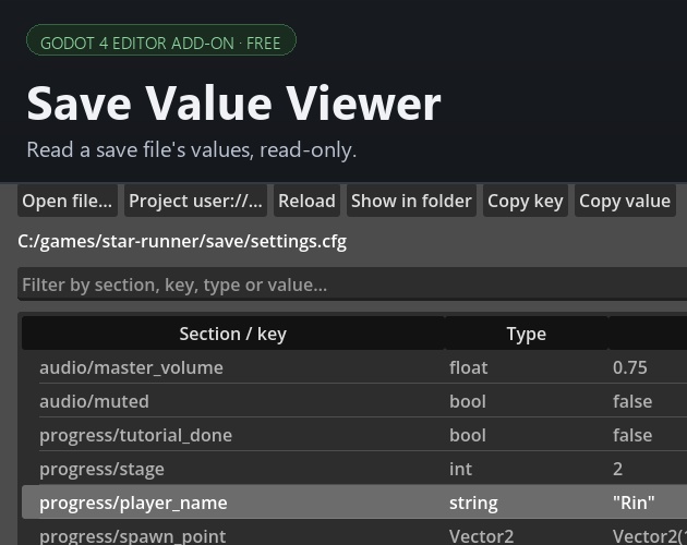 Save Value Viewer | Godot 4 セーブ値ビューアー(無料アドオン)