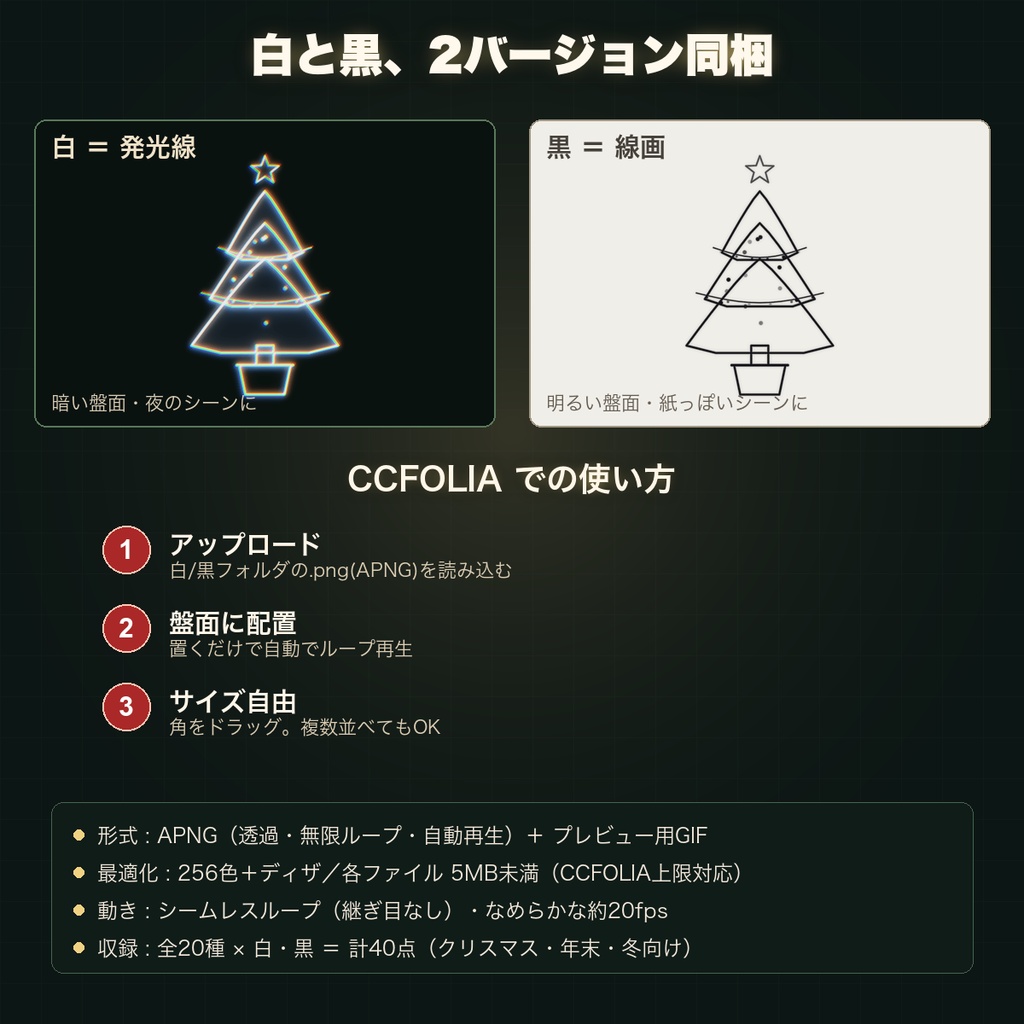 【CCFOLIA対応】動くクリスマス・冬シリーズ 20種|ツリー/暖炉/雪/サンタ/トナカイ…白線・黒線の透過アニメ装飾【APNG】