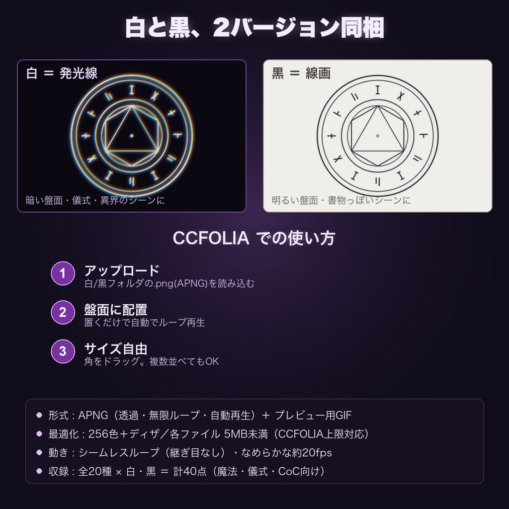 【CCFOLIA対応】動く魔導・儀式シリーズ 20種|魔法陣/召喚陣/邪眼/触手/水晶玉…白線・黒線の透過アニメ装飾【APNG】