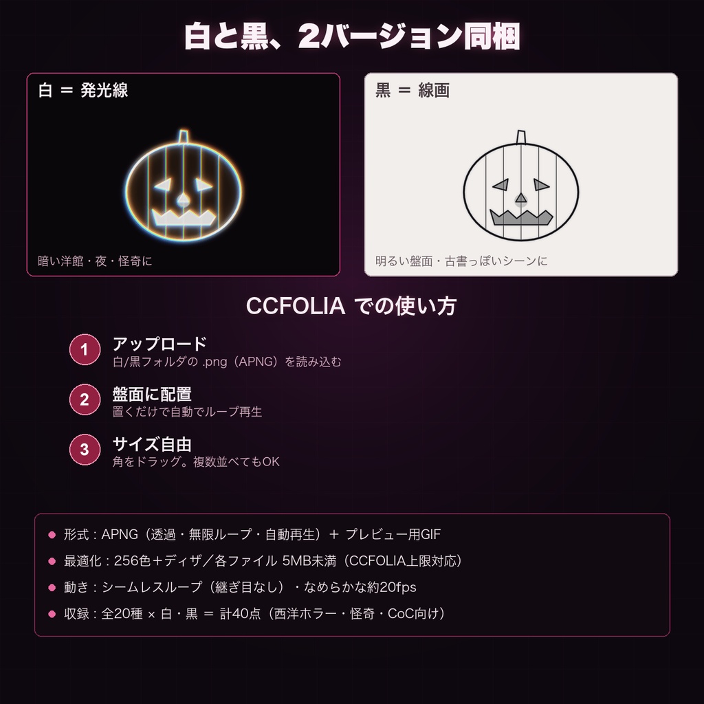 【CCFOLIA対応】動く西洋ホラー・怪奇シリーズ 20種|棺/墓/鴉/古城/亡霊…白線・黒線の透過アニメ装飾【APNG】