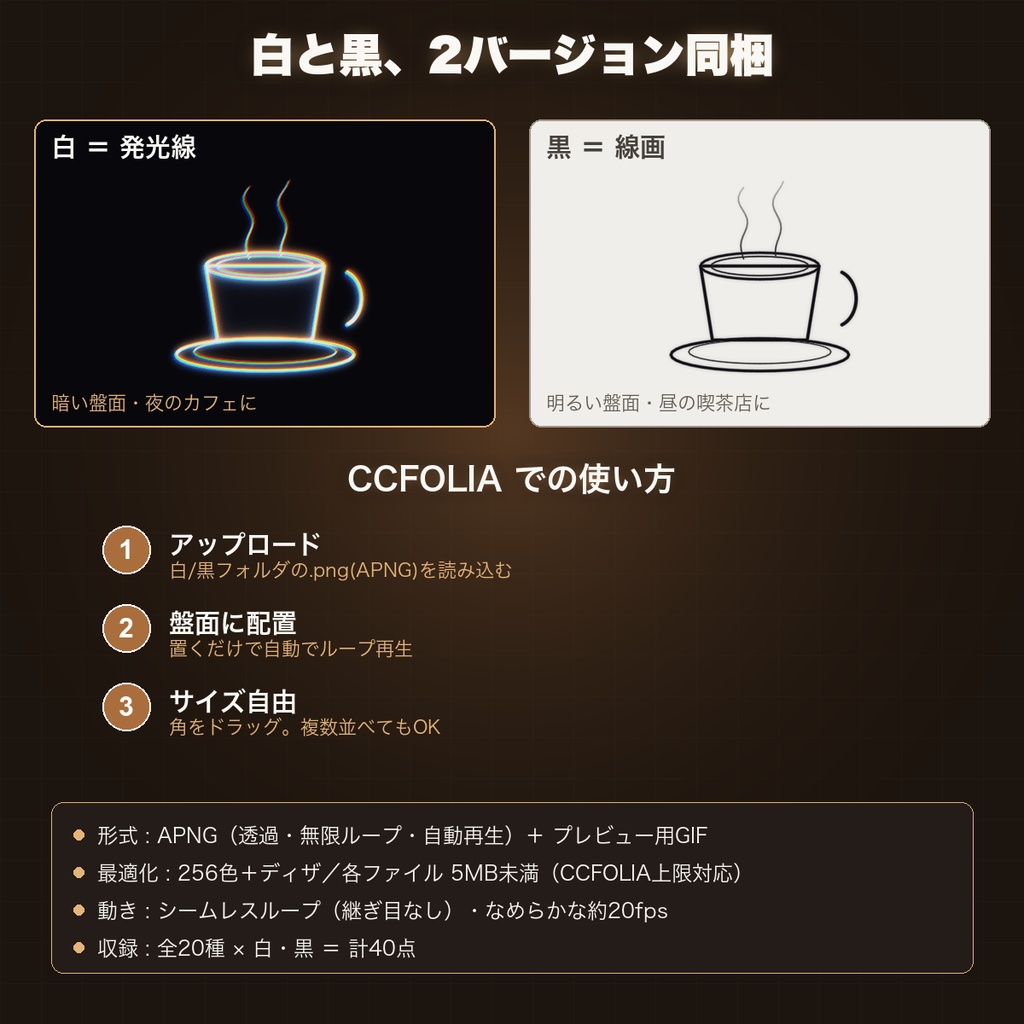 【CCFOLIA対応】動く喫茶・カフェシリーズ 20種|珈琲/紅茶/ケーキ/ラテアート/パフェ…白線・黒線の透過アニメ装飾【APNG】