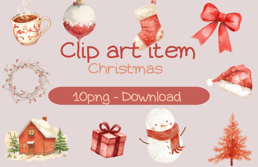 手描き水彩のクリスマス素材セット – 赤と白のほっこりデザイン