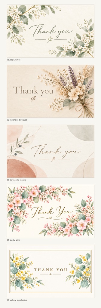 【印刷して使える】サンキューカード5柄セット|名刺サイズ・A4 PDF&PNG|Thank You Card