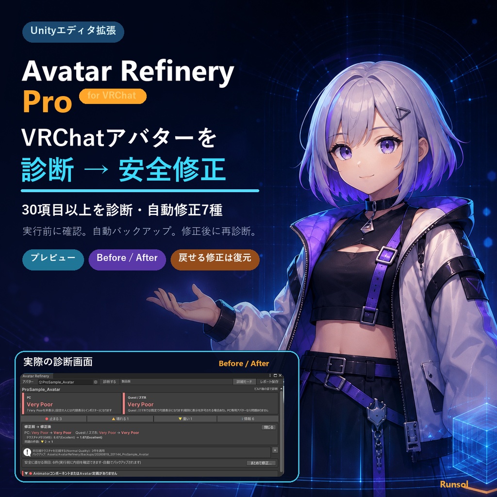 【VRChat／Unity】アバター診断・テクスチャ軽量化・安全な自動修正｜Avatar Refinery Pro