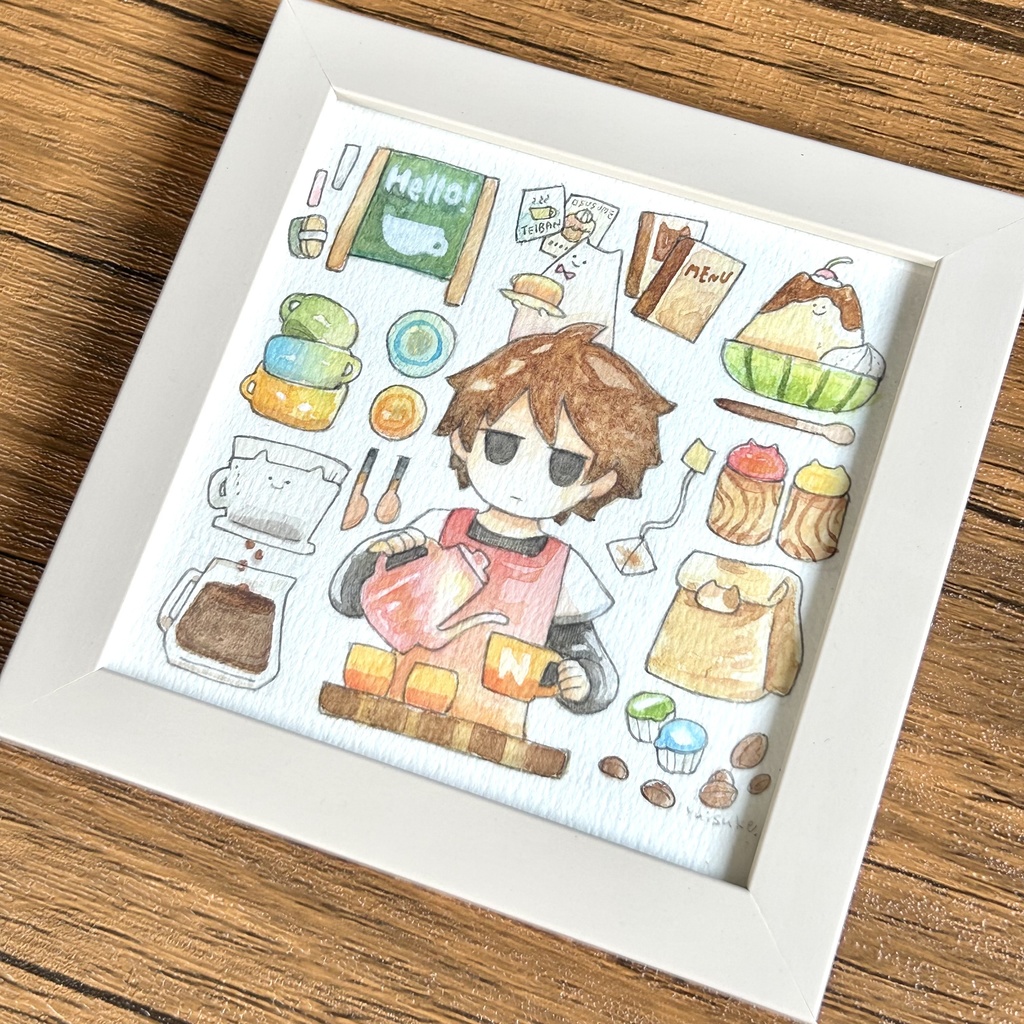 水彩原画｢ねことコーヒーブレイク｣