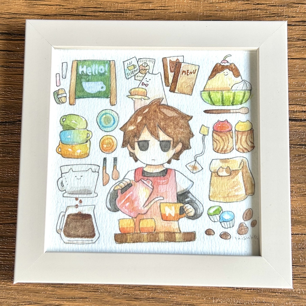 水彩原画「ねことコーヒーブレイク」