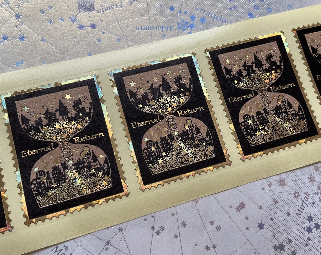 切手型箔押しシール5枚セット【砂時計】