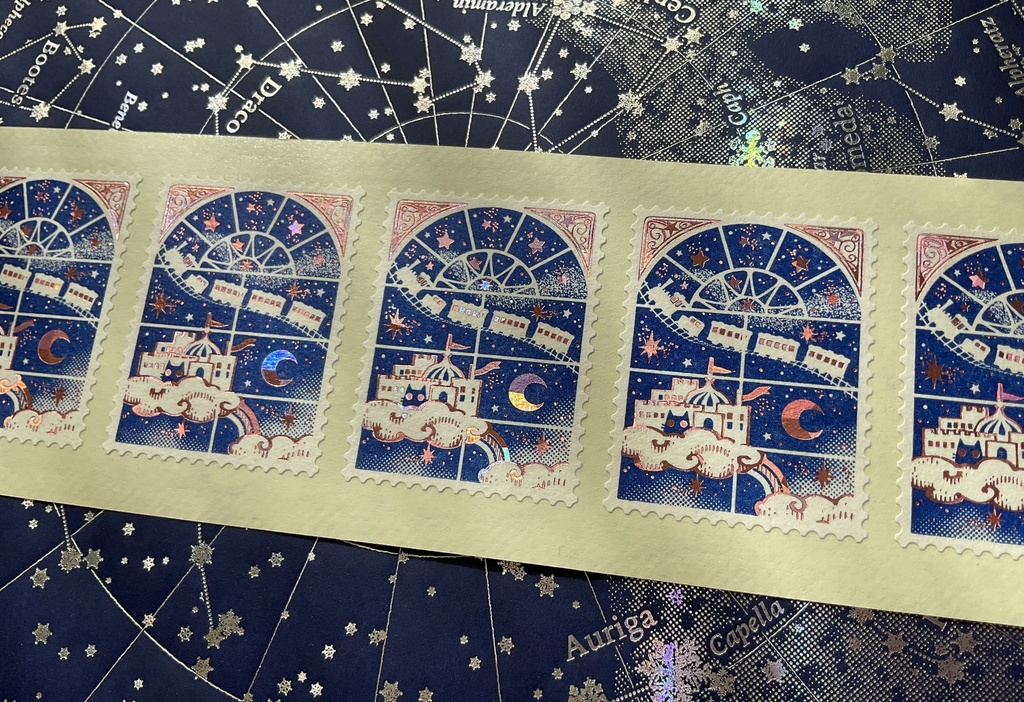 切手型箔押しシール5枚セット【窓外の銀河ピンク箔】