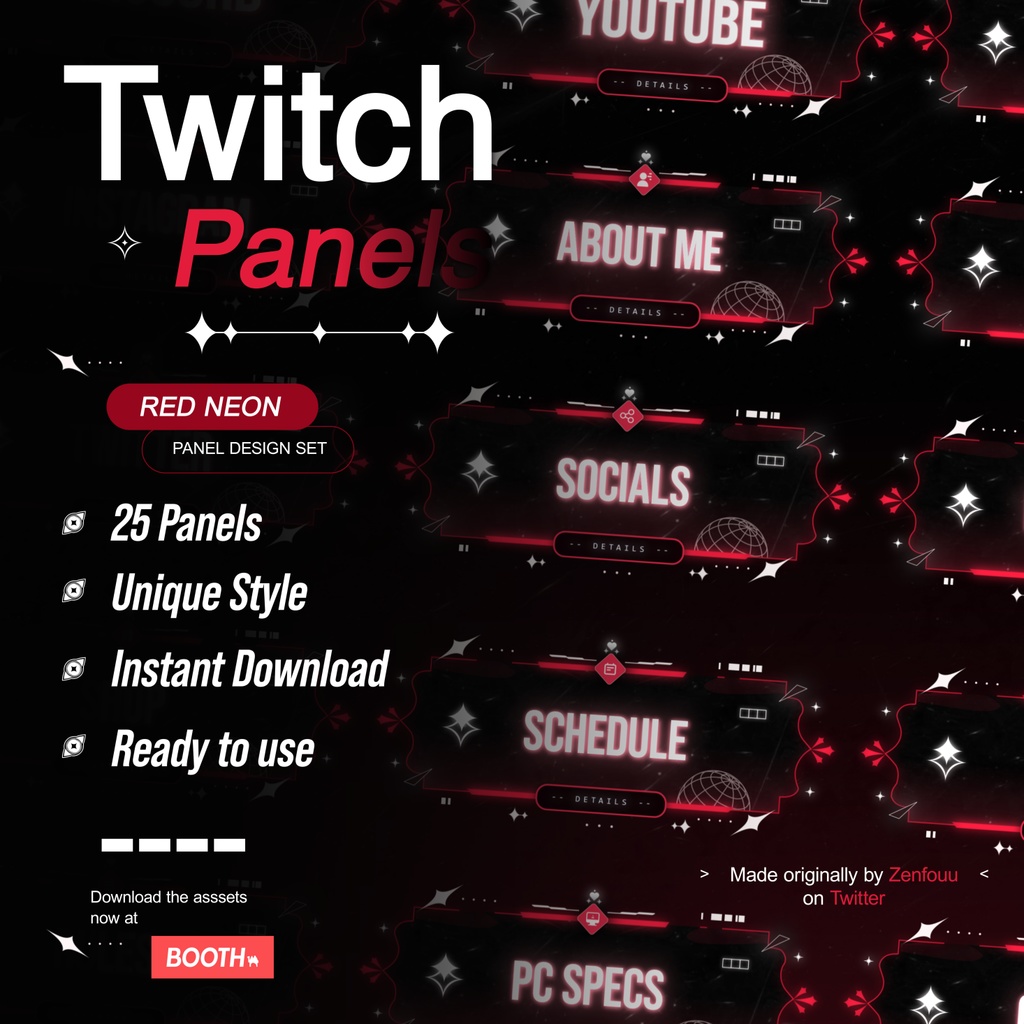 ▼ パネル「Vtuberパネルテンプレート」 Twitch Panels Red Neon Set (25pcs)